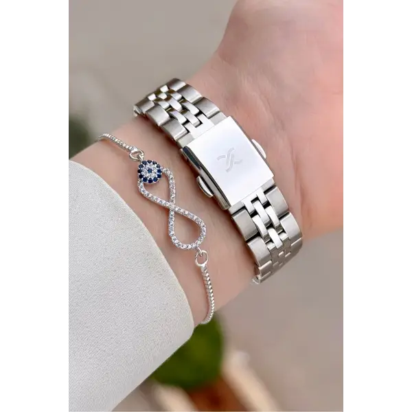 Gümüş Renk 35 mm Hediye Paketli Kadın Kol Saati ve Bileklik