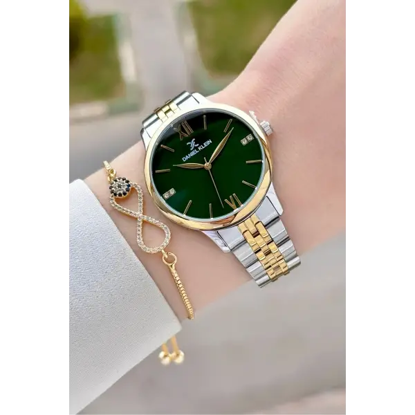Kadranı Yeşil Kordonu Gold Gümüş Renk 35 mm Hediye Paketli Kadın Kol Saati ve Bileklik