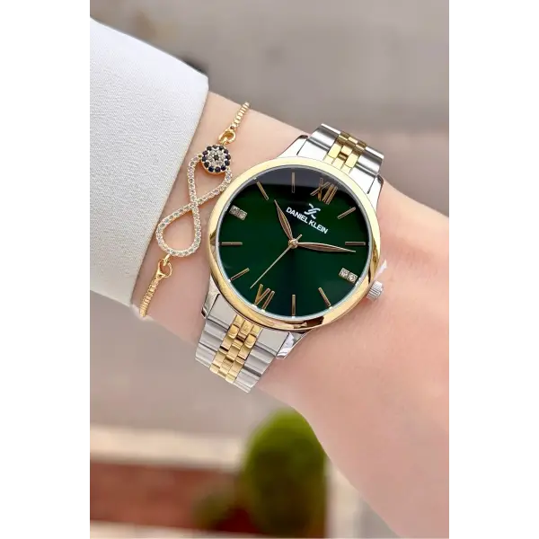 Kadranı Yeşil Kordonu Gold Gümüş Renk 35 mm Hediye Paketli Kadın Kol Saati ve Bileklik