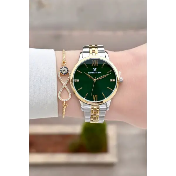 Kadranı Yeşil Kordonu Gold Gümüş Renk 35 mm Hediye Paketli Kadın Kol Saati ve Bileklik