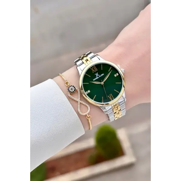 Kadranı Yeşil Kordonu Gold Gümüş Renk 35 mm Hediye Paketli Kadın Kol Saati ve Bileklik