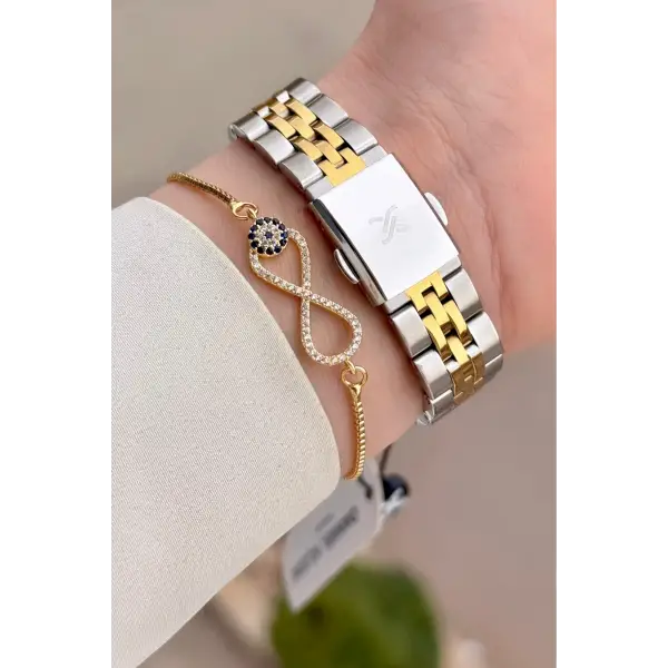 Kadranı Yeşil Kordonu Gold Gümüş Renk 35 mm Hediye Paketli Kadın Kol Saati ve Bileklik