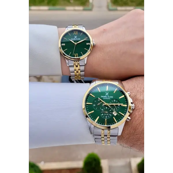 Kadranı Yeşil Kordonu Gold Gümüş Renk Sevgili Çift Kol Saati STISTE6