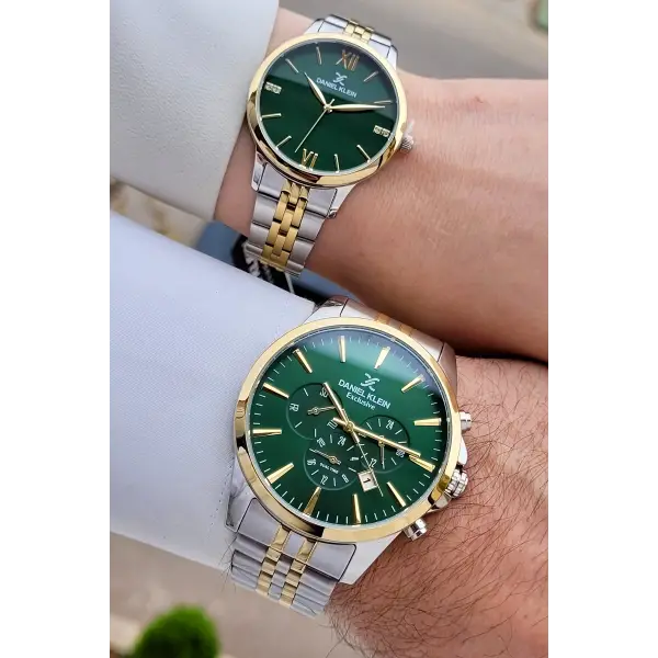 Kadranı Yeşil Kordonu Gold Gümüş Renk Sevgili Çift Kol Saati STISTE6