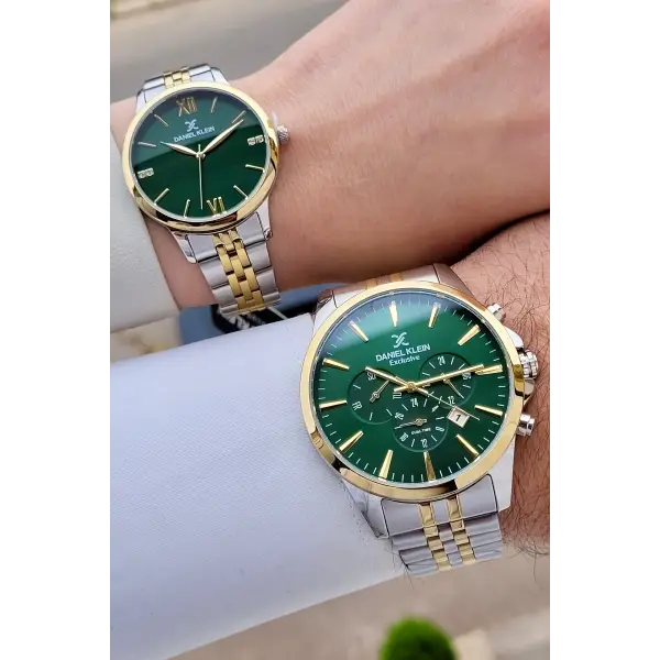 Kadranı Yeşil Kordonu Gold Gümüş Renk Sevgili Çift Kol Saati STISTE6