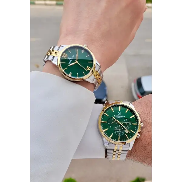 Kadranı Yeşil Kordonu Gold Gümüş Renk Sevgili Çift Kol Saati STISTE6