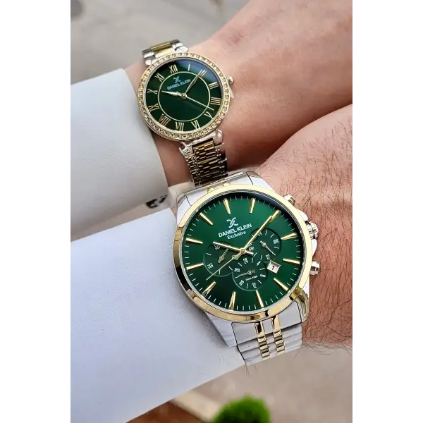 Kadranı Yeşil Kordonu Gold Gümüş Renk Sevgili Çift Kol Saati STISTE1