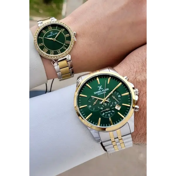 Kadranı Yeşil Kordonu Gold Gümüş Renk Sevgili Çift Kol Saati STISTE1