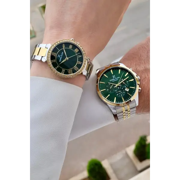 Kadranı Yeşil Kordonu Gold Gümüş Renk Sevgili Çift Kol Saati STISTE1