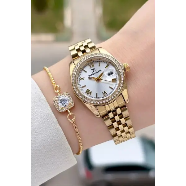 Gold Renk Hediye Paketli Kadın Kol Saati ve Hediye Baget Bileklik