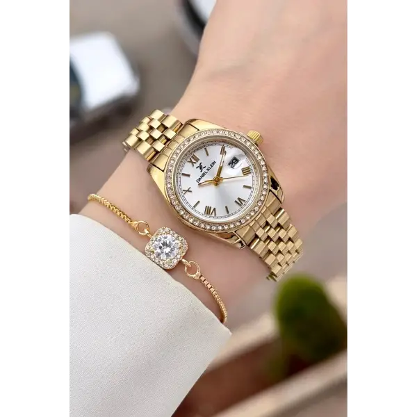 Gold Renk Hediye Paketli Kadın Kol Saati ve Hediye Baget Bileklik