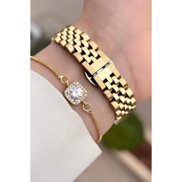 Gold Renk Hediye Paketli Kadın Kol Saati ve Hediye Baget Bileklik