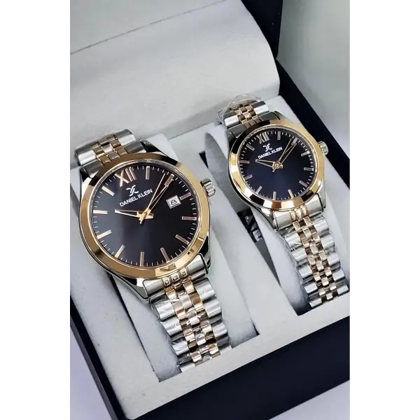 Kadranı Siyah Kordonu Rose Gümüş Renk Hediye Paketli Sevgili Çift Kol Saati