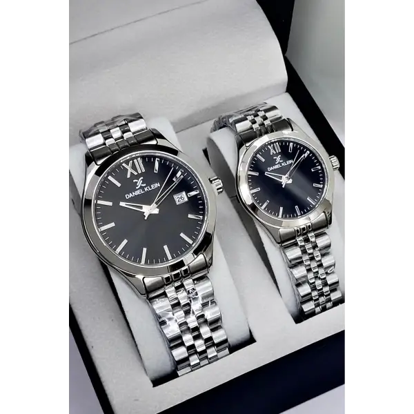 Kadranı Siyah Kordonu Gümüş Renk Hediye Paketli Sevgili Çift Kol Saati