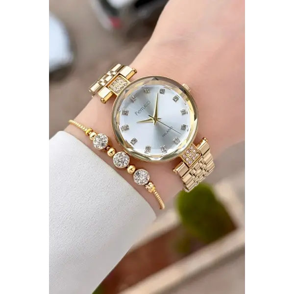 Gold Renk 32 mm Kadın Kol Saati ve Bileklik