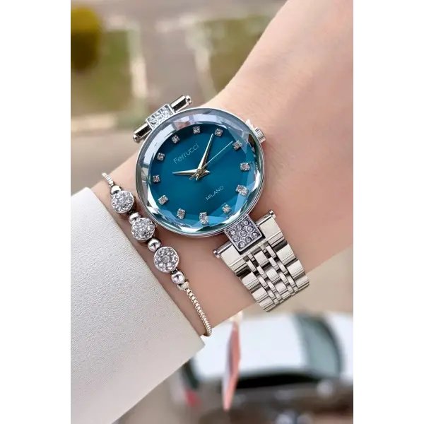 Kadranı Mavi Kordonu Gümüş Renk 32 mm Kadın Kol Saati ve Bileklik