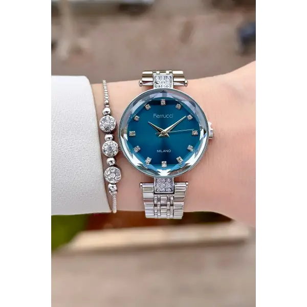 Kadranı Mavi Kordonu Gümüş Renk 32 mm Kadın Kol Saati ve Bileklik