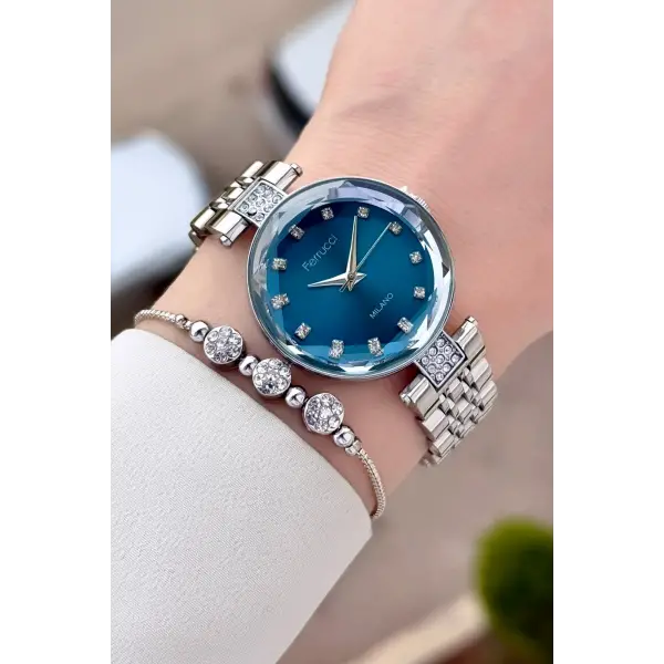 Kadranı Mavi Kordonu Gümüş Renk 32 mm Kadın Kol Saati ve Bileklik