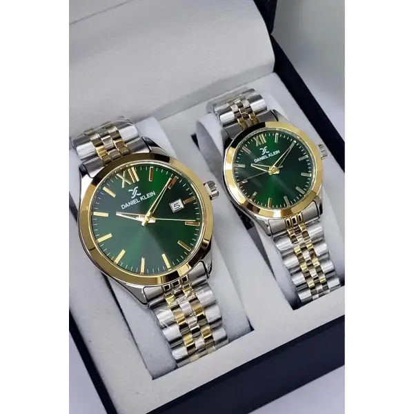 Kadranı Yeşil Kordonu Gold Gümüş Renk Hediye Paketli Sevgili Çift Kol Saati STISTE28