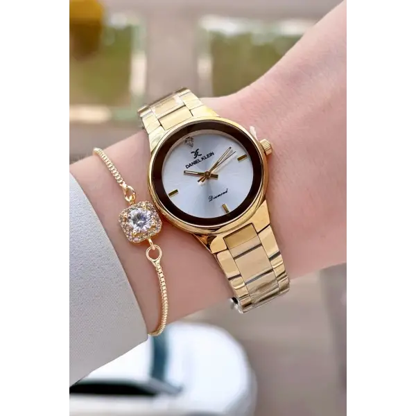 Gold Renk 30 mm Hediye Paketli Kadın Kol Saati ve Hediye Bileklik