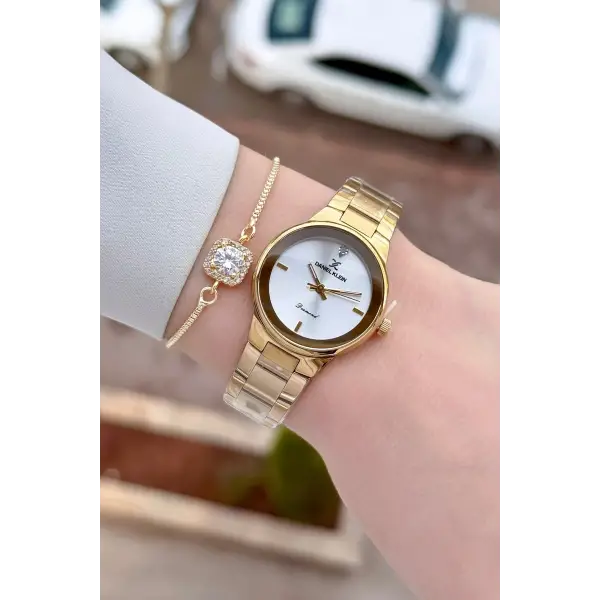 Gold Renk 30 mm Hediye Paketli Kadın Kol Saati ve Hediye Bileklik