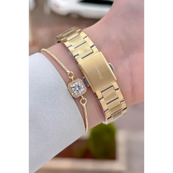 Gold Renk 30 mm Hediye Paketli Kadın Kol Saati ve Hediye Bileklik