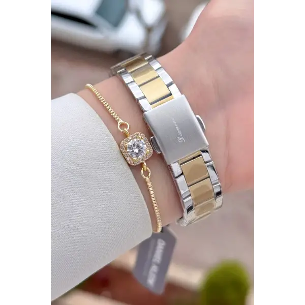 Gold Gümüş Renk 30 mm Hediye Paketli Kadın Kol Saati ve Hediye Bileklik