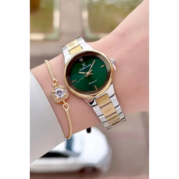 Kadranı Yeşil Kordonu Gold Gümüş Renk 30 mm Hediye Paketli Kadın Kol Saati ve Hediye Bileklik