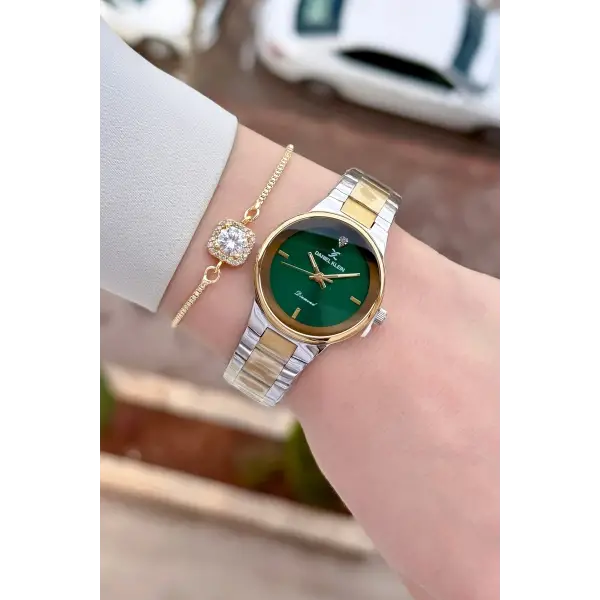 Kadranı Yeşil Kordonu Gold Gümüş Renk 30 mm Hediye Paketli Kadın Kol Saati ve Hediye Bileklik