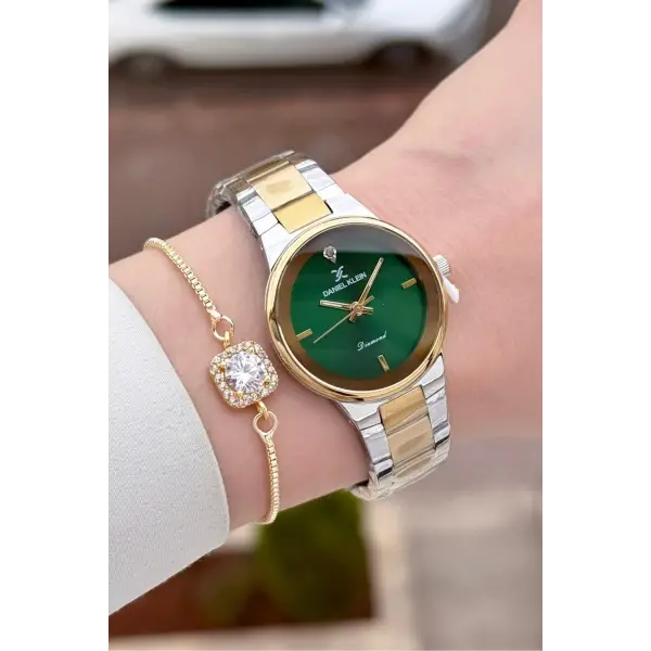 Kadranı Yeşil Kordonu Gold Gümüş Renk 30 mm Hediye Paketli Kadın Kol Saati ve Hediye Bileklik