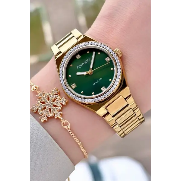 Kadranı Yeşil Kordonu Gold Renk Kadın Kol Saati ve Bileklik