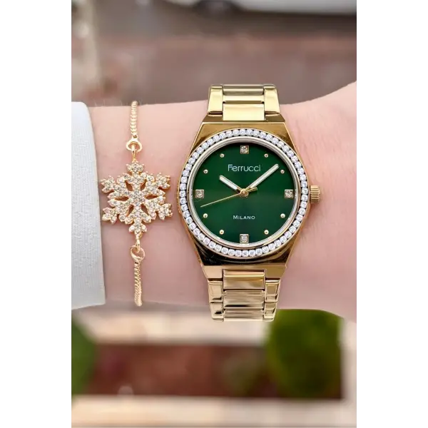 Kadranı Yeşil Kordonu Gold Renk Kadın Kol Saati ve Bileklik
