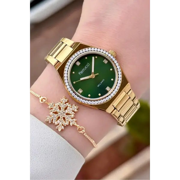 Kadranı Yeşil Kordonu Gold Renk Kadın Kol Saati ve Bileklik