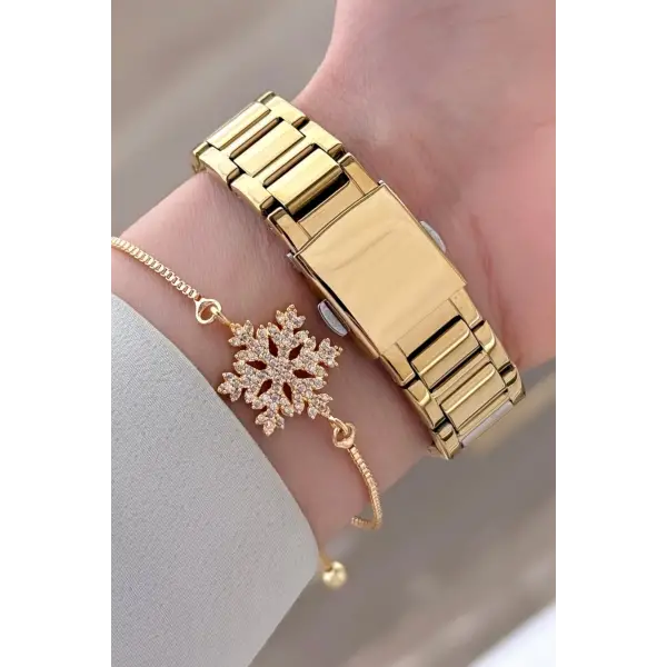 Kadranı Yeşil Kordonu Gold Renk Kadın Kol Saati ve Bileklik