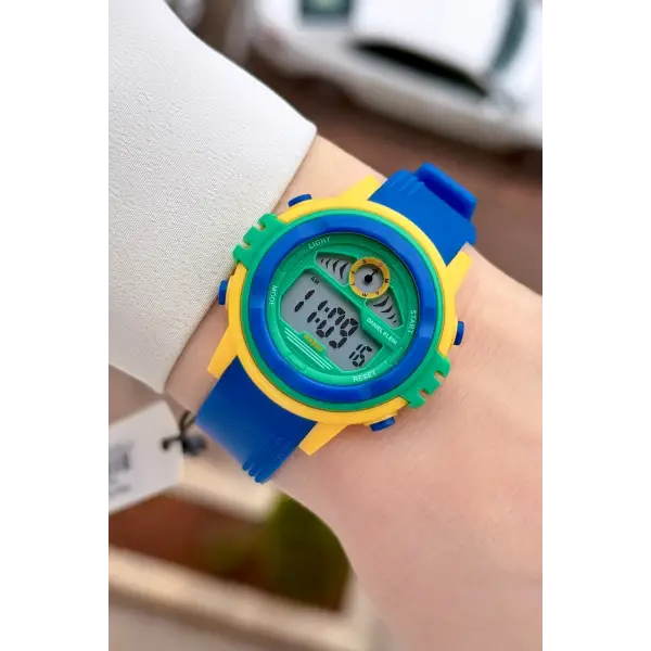 Sarı Yeşil Mavi Renk 8 Farklı Işıklı Hediye Paketli 5 ATM Çocuk Kol Saati