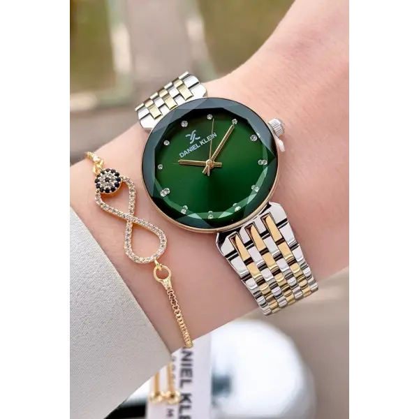 Kadranı Yeşil Kordonu Gold Gümüş Renk 30 mm Hediye Paketli Kadın Kol Saati ve Bileklik