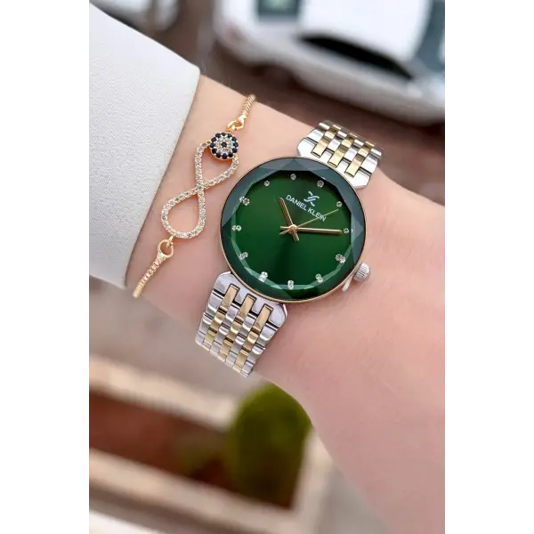 Kadranı Yeşil Kordonu Gold Gümüş Renk 30 mm Hediye Paketli Kadın Kol Saati ve Bileklik