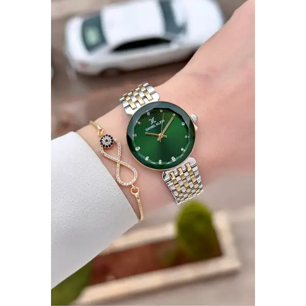 Kadranı Yeşil Kordonu Gold Gümüş Renk 30 mm Hediye Paketli Kadın Kol Saati ve Bileklik