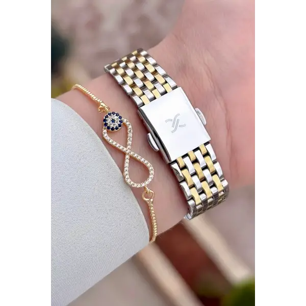 Kadranı Gümüş Kordonu Gold Gümüş Renk 30 mm Hediye Paketli Kadın Kol Saati ve Bileklik