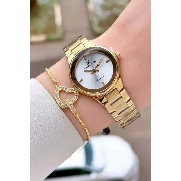 Pırlantalı Gold Renk 30 mm Hediye Paketli Kadın Kol Saati ve Bileklik