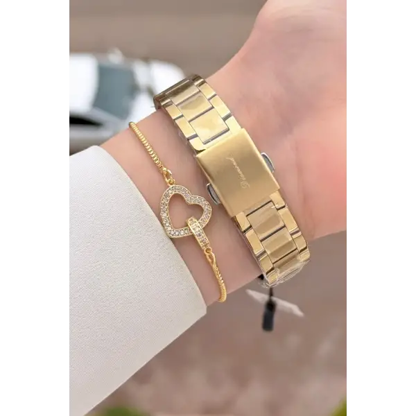 Pırlantalı Gold Renk 30 mm Hediye Paketli Kadın Kol Saati ve Bileklik