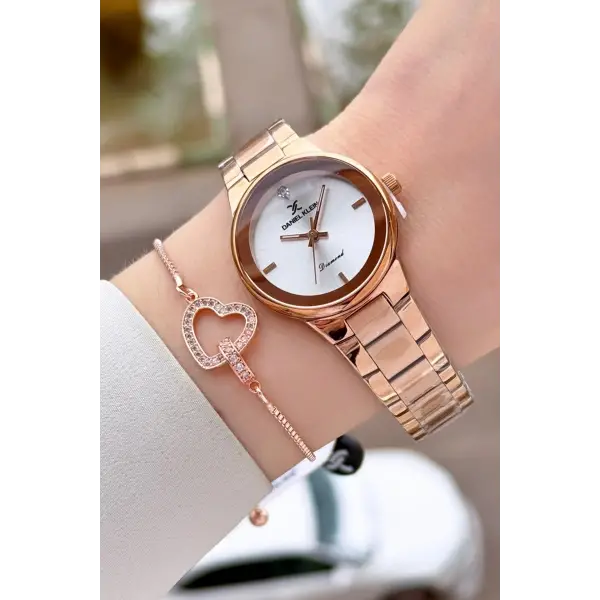 Pırlantalı Rose Renk 30 mm Hediye Paketli Kadın Kol Saati ve Bileklik