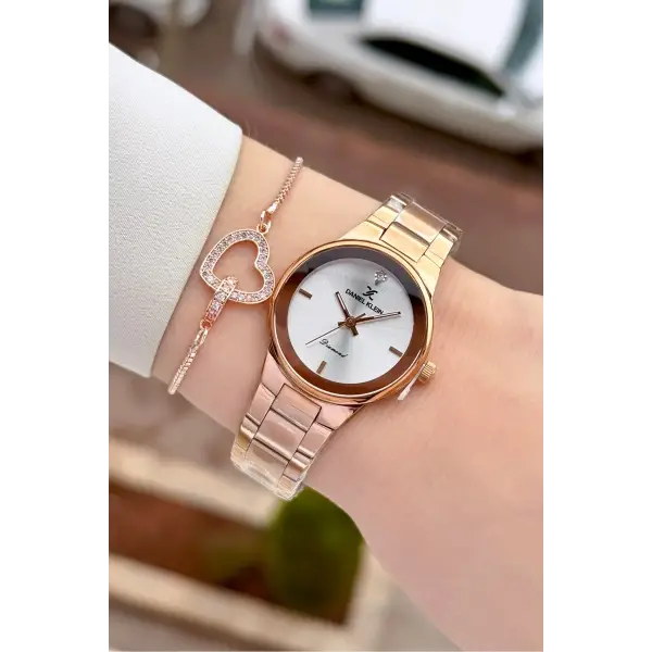 Pırlantalı Rose Renk 30 mm Hediye Paketli Kadın Kol Saati ve Bileklik