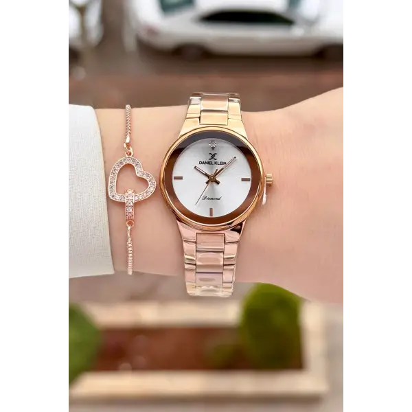 Pırlantalı Rose Renk 30 mm Hediye Paketli Kadın Kol Saati ve Bileklik