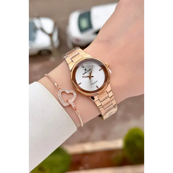 Pırlantalı Rose Renk 30 mm Hediye Paketli Kadın Kol Saati ve Bileklik