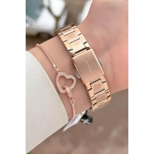 Pırlantalı Rose Renk 30 mm Hediye Paketli Kadın Kol Saati ve Bileklik