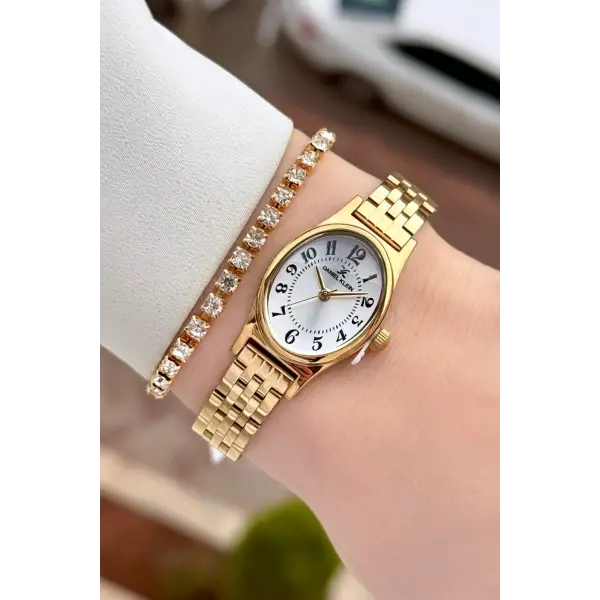Gold Renk Rakamlı Kadın Kol Saati ve Bileklik