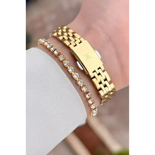 Gold Renk Rakamlı Kadın Kol Saati ve Bileklik