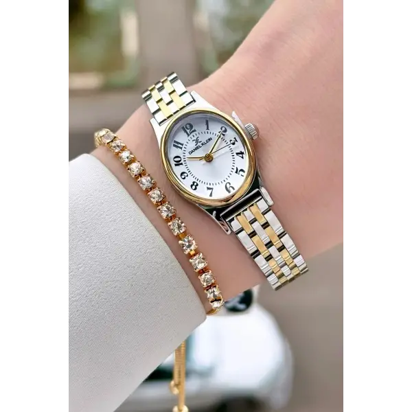 Gold Gümüş Renk Rakamlı Kadın Kol Saati ve Bileklik