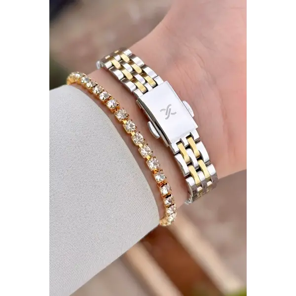 Gold Gümüş Renk Rakamlı Kadın Kol Saati ve Bileklik